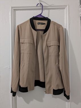 Allegra K Women's Beige Bomber Jacket with Black Trim